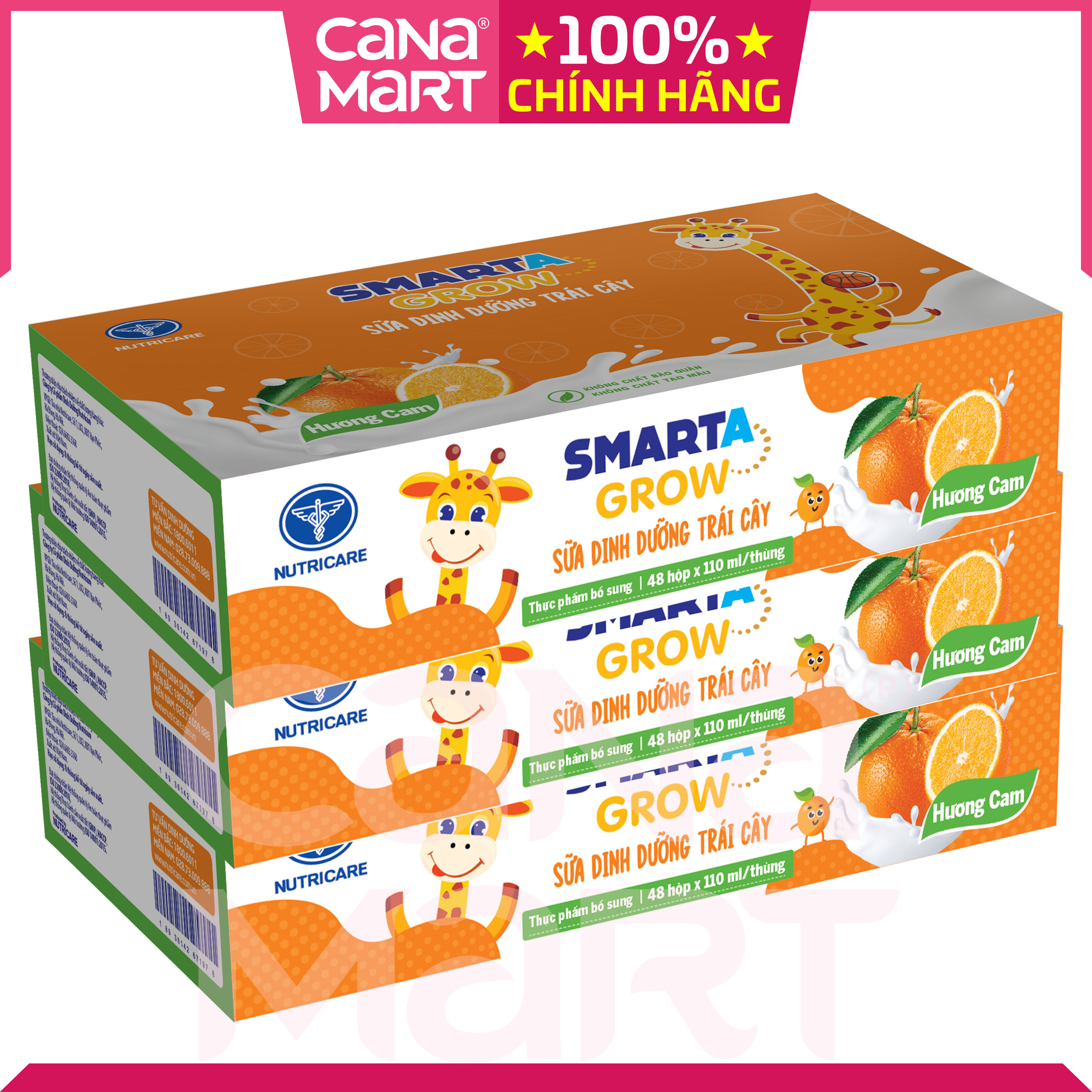 Thùng sữa nước trái cây Smarta Grow (vị cam) giúp trẻ tăng trưởng chiều cao, phát triển não bộ, dinh dưỡng cho trẻ thấp còi (48 hộp x 110ml)