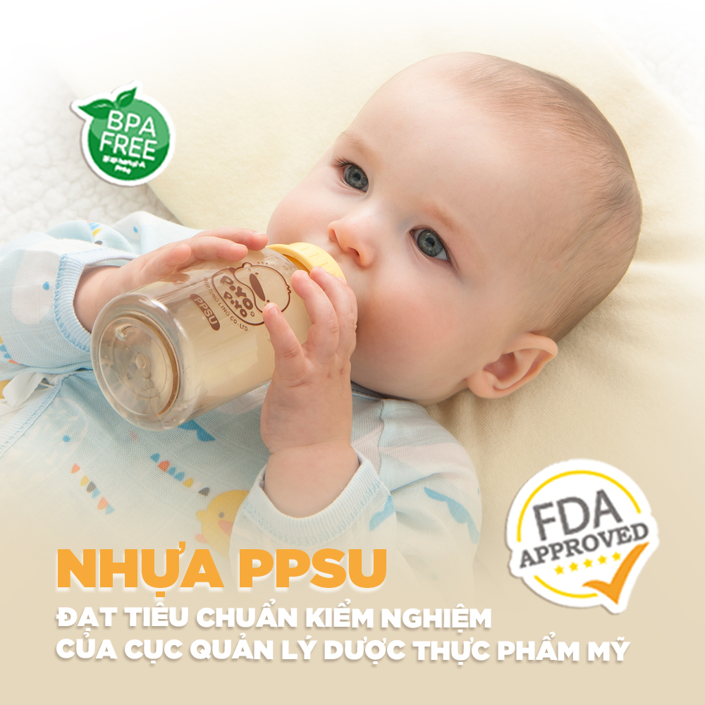 Bình sữa cổ tiêu chuẩn Piyo Piyo 150ml nhựa PPSU chịu nhiệt tới 180 độ, núm ty chống đầy hơi