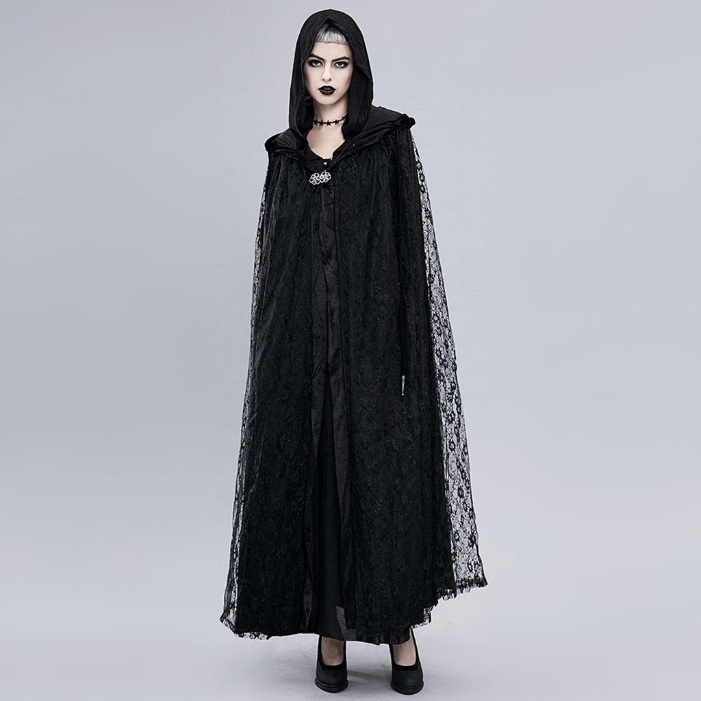 Gothic Vinatge Black Lace Witch Cape Cloak Hooded Fancy Dress Party Costume
