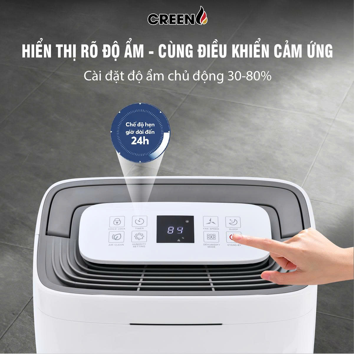 (Model New) Máy Hút Ẩm Lọc Không Khí Creen CR-DE25 - Công Suất 25L/ngày, Khử Khuẩn, Sấy Quần Áo, Hàng Chính Hãng