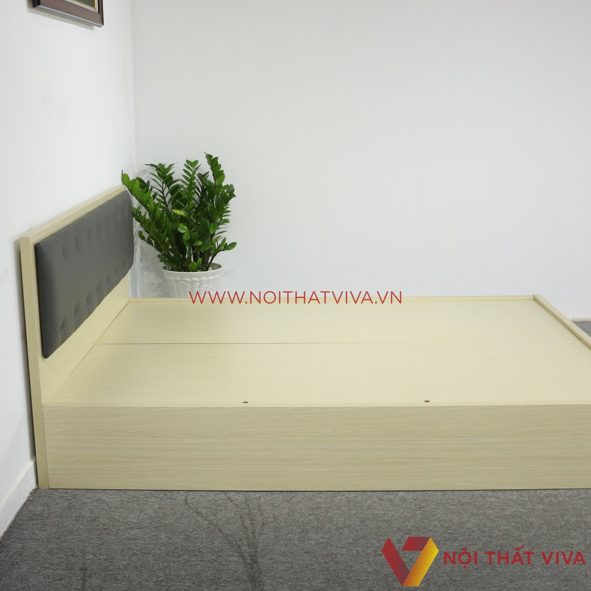 Giường Ngủ Gỗ MDF Phủ Melamine Màu Kem Có Đầu Nệm Hiện Đại Giá Rẻ