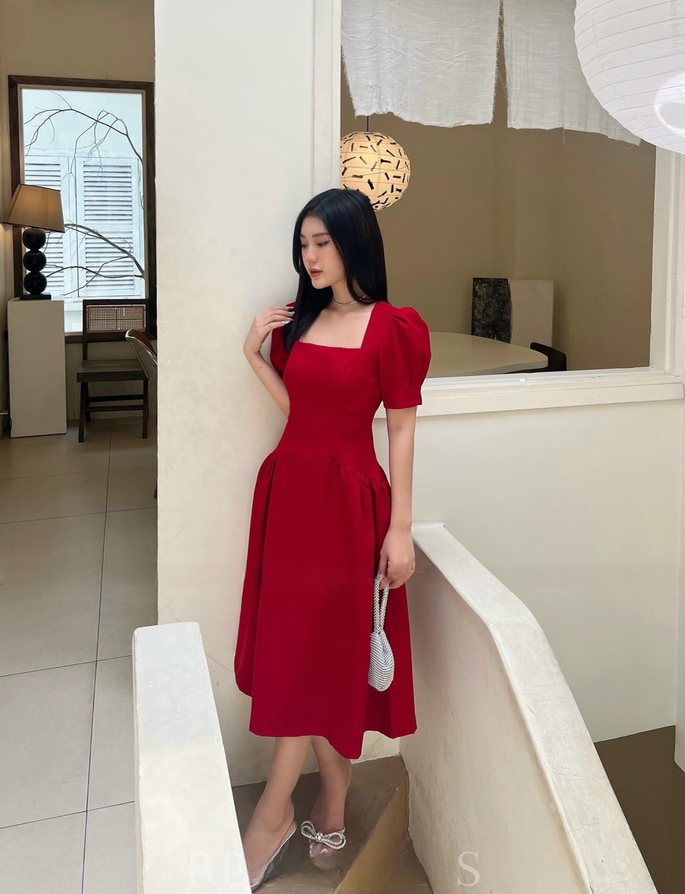 Đầm cổ vuông nhún eo tay phồng ngiều màu sang chảnh