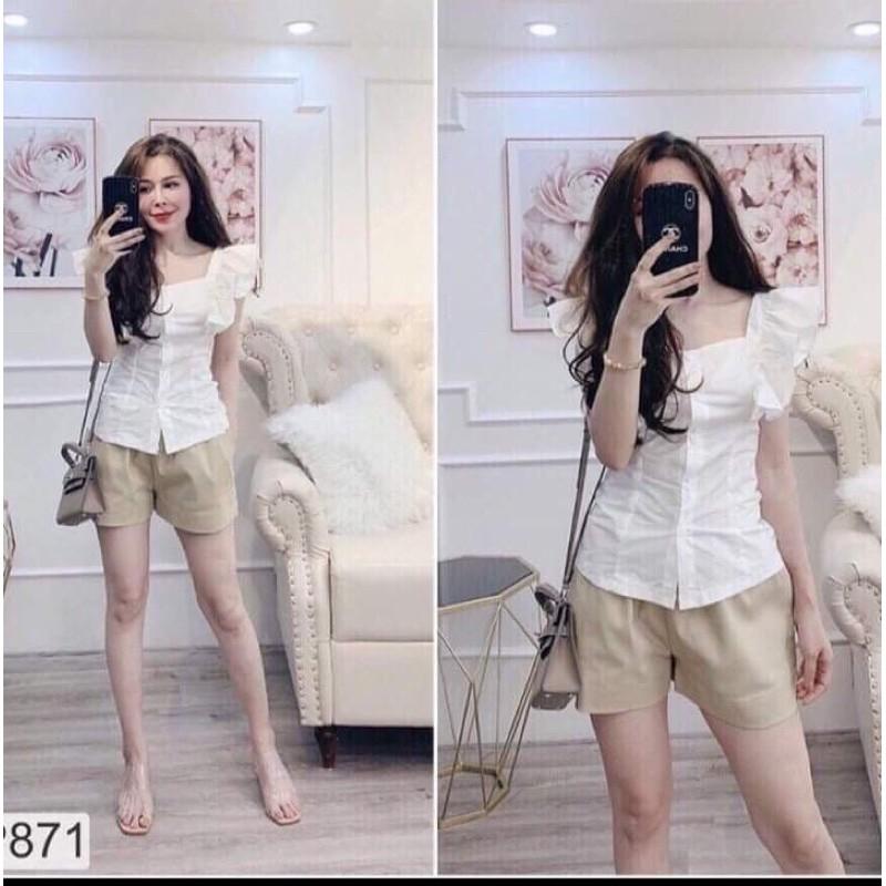 Sét áo cổ vuông bèo vai + quần sooc cạp cao BYO976