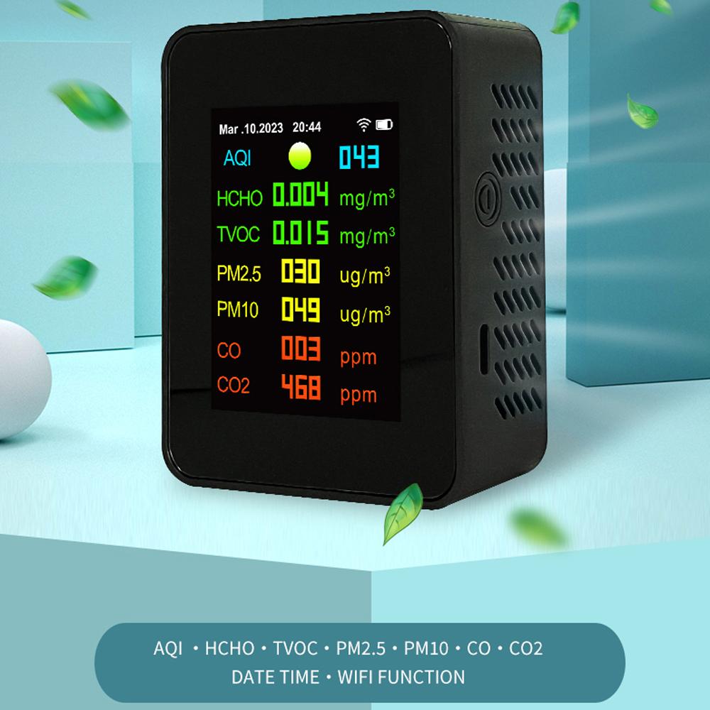 Tuya Wifi Portable Air Quality Meter 7in1 PM2.5 PM10 Carbonic Oxide Carbon Dioxide TVOC HCHO AQI Tester TFT Color Screen Carbon Dioxide Detector with Time and Date Display Function