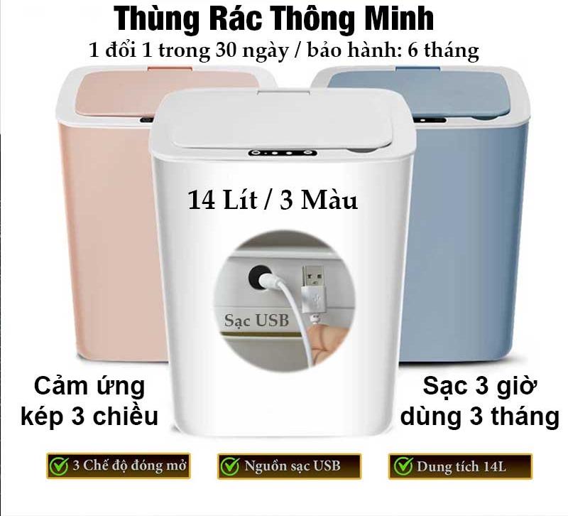 Thùng Rác Cảm Ứng Tự Động Thông Minh Pin Sạc Cổng USB Bản Nâng Cấp 2022 Cảm Ứng Kép 3 Chiều Dung tích 14L Chống Nước Tốt