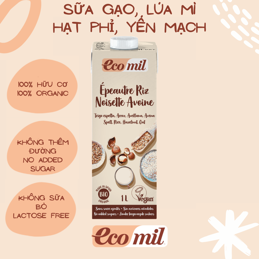 Sữa Hạt Từ Gạo Lúa Mì Yến Mạch Và Hạt Phỉ Ecomil (1L) - Organic Spelt, Rice, Hazelnut, Oat Milk