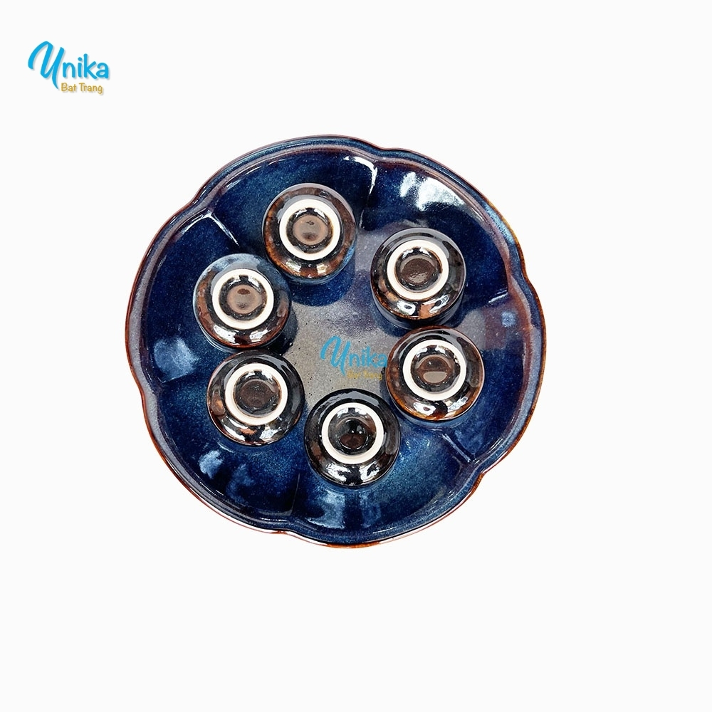 Set sake cao đĩa tròn hoa men xanh hỏa biến - Bộ sake gốm Unika Bát Tràng