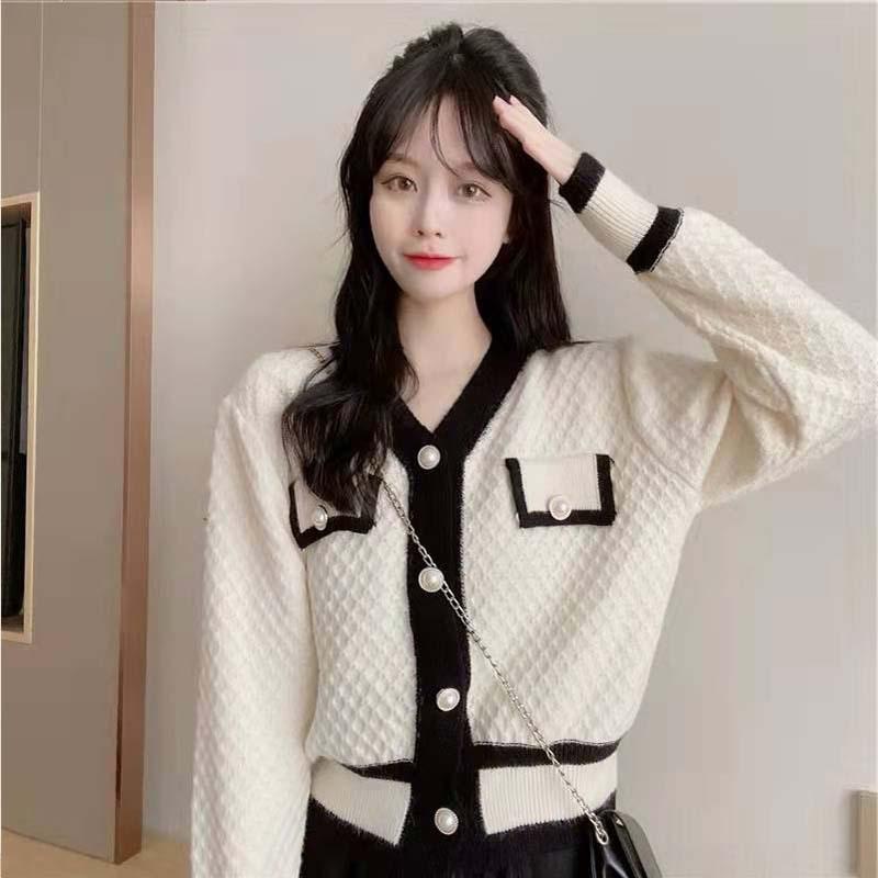 Áo khoác len nữ cardigan tay dài cadigan viền đen trắng cổ tim kiểu Hàn Quốc phong cách trẻ trung đi học nữ sinh C-1