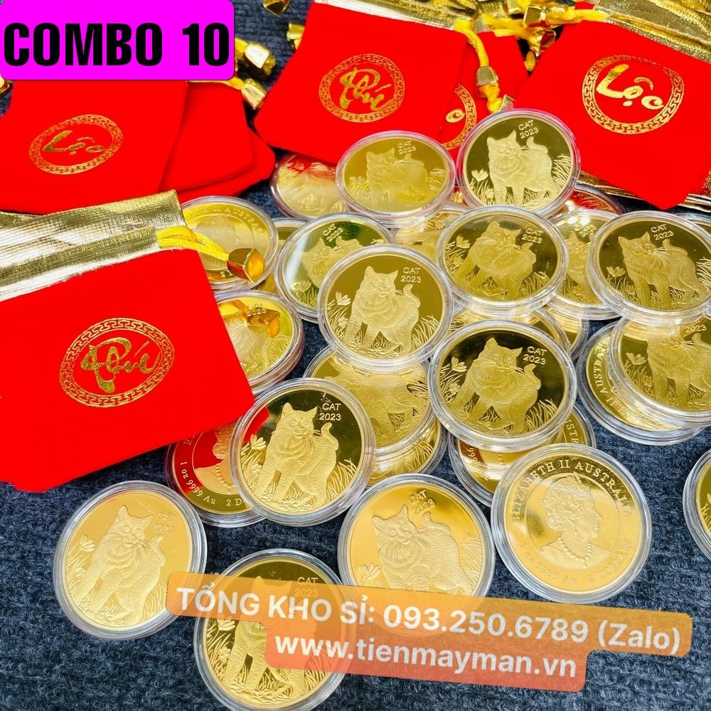 10 Đồng Xu Hình Mèo Vàng của Úc phát hành Tết 2023 - túi LỘC gấm đỏ tặng kèm mỗi xu