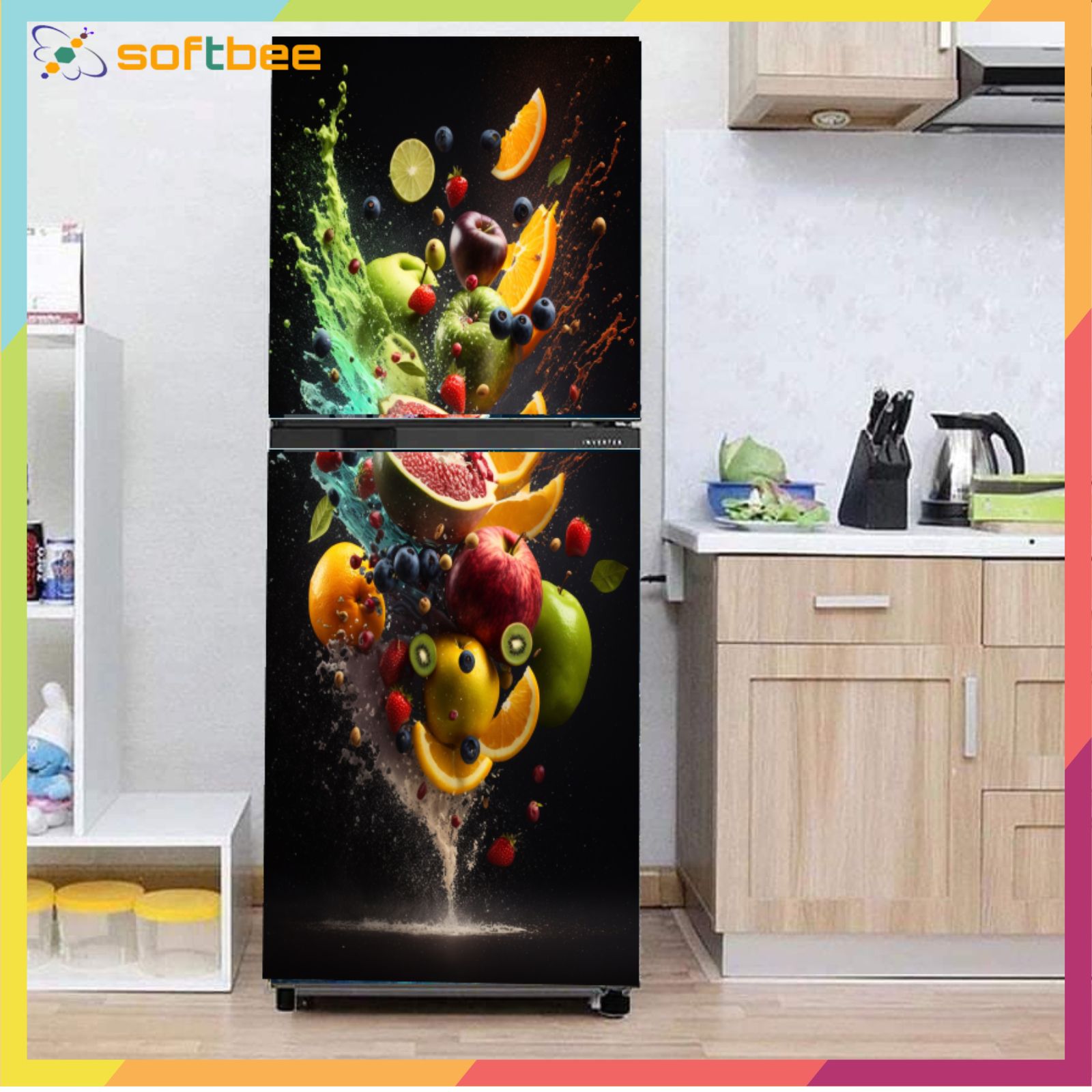 Tranh dán tủ lạnh in hình hoa quả phông đen, chất liệu decal chống nước, gồm 4 kích thước chọn lựa
