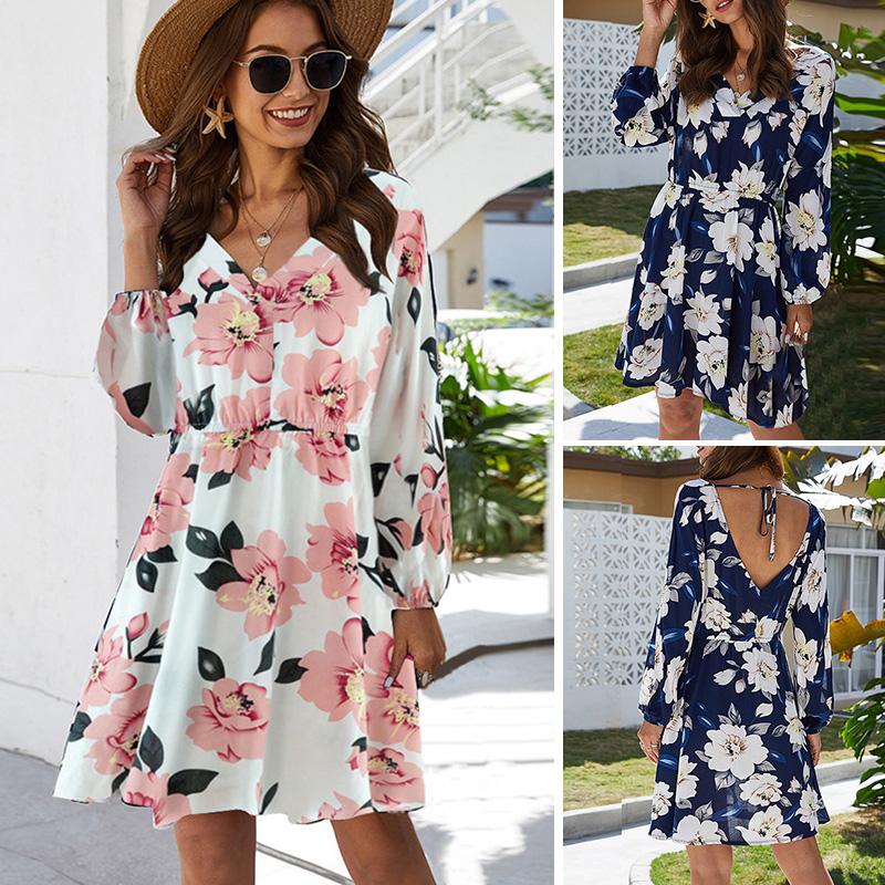 Sexy Women Dress Floral Print V Neck Long Sleeves Backless Self-tie Elastic Waist Ruffle Beach Casual Mini Dress Dark