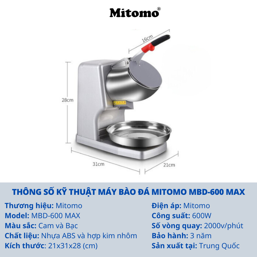 Máy xay đá tuyết, Máy bào đá 8 lưỡi, 2 nắp cao cấp Mitomo MBD-600 MAX- Hàng chính hãng