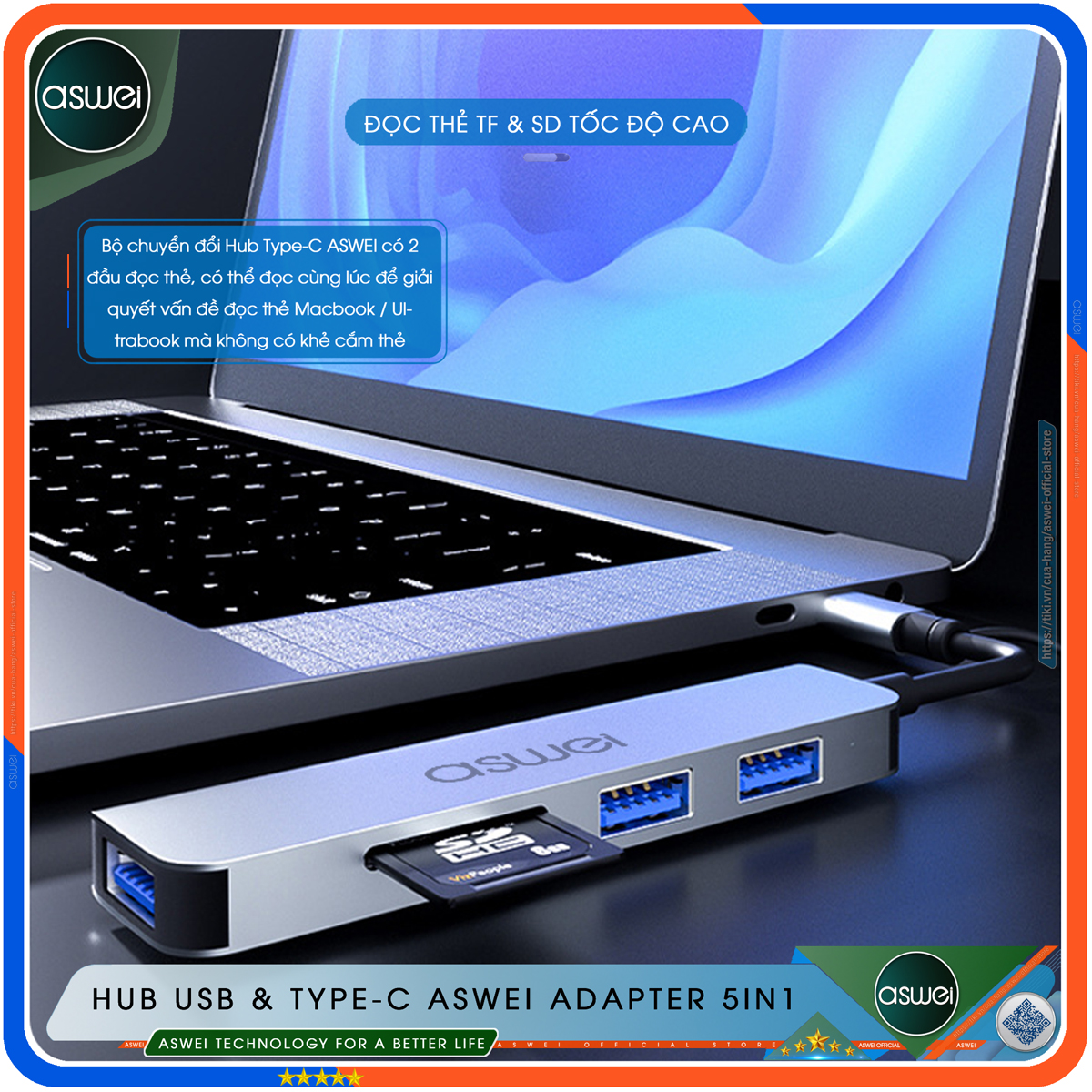 Hub USB Và Hub Type C ASWEI 5 in 1 To USB 3.0, SD, TF - Hub Chuyển Đổi USB Type-C 5 Cổng - Cổng Chia USB, Ổ Chia USB Tốc Độ Cao Dành Cho Macbook, Laptop, PC, Máy Tính Bảng, Điện Thoại - Hàng Chính Hãng