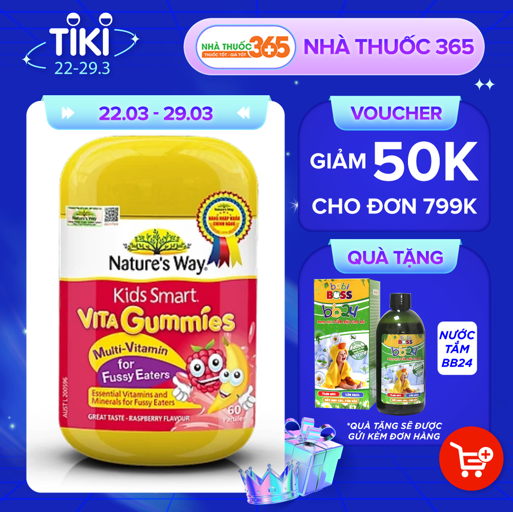 Kẹo Dẻo Cho Bé Nature's Way Kids Smart Vita Gummies Multi Vitamin for Fussy Eaters Kích Thích Ăn Ngon - Hộp 60 Viên