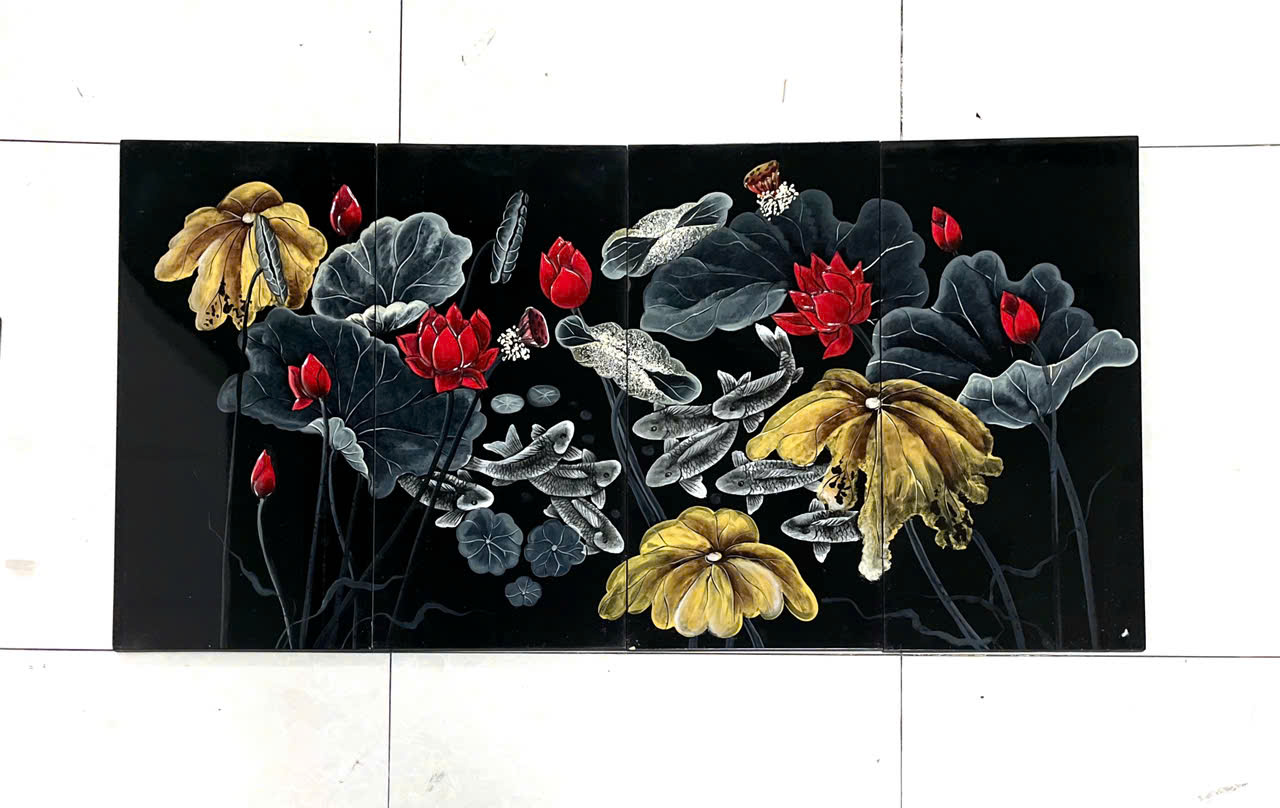 Bộ Tranh sơn mài Thanh Bình Lê 4 tấm- Hoa Sen  đắp nổi 3D size 60x120 cm hàng xuất khẩu