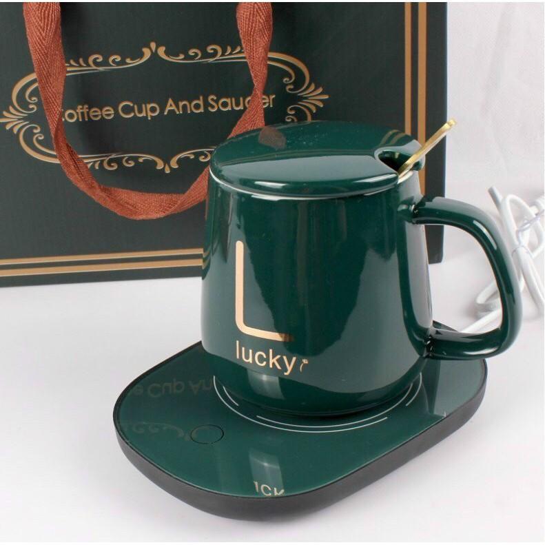 Bộ Cốc Ly Sứ Hâm Nóng Lucky Thông Minh Cao Cấp, Kèm Đế Điện Hâm Cafe, Sữa, Trà Tặng Kèm Thìa Mạ Vàng Tiện Lợi