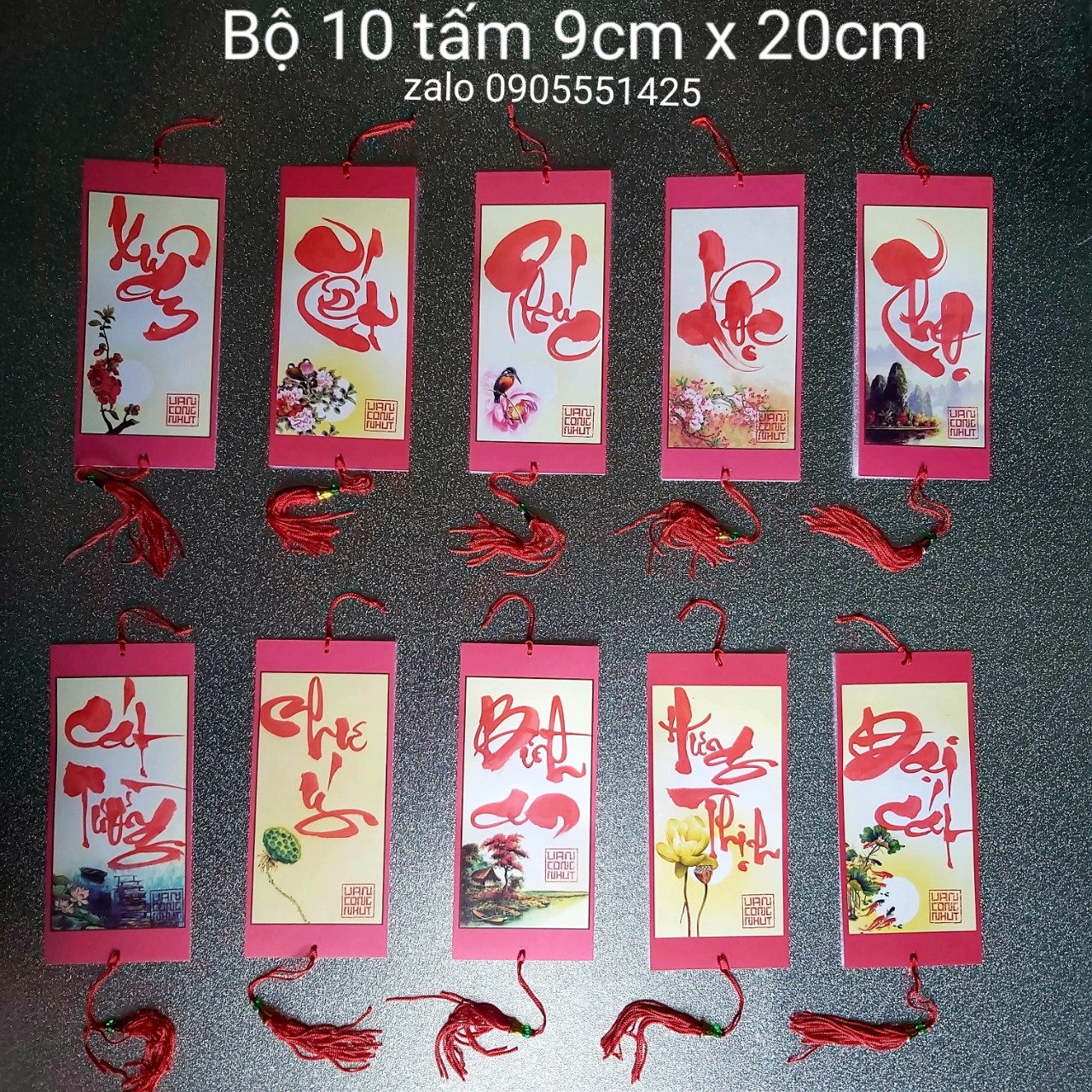 Bộ 10 tấm thiệp mi ni trang trí tết kèm tua. kích thước 9cm x20cm