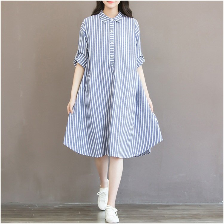 Đầm sơ mi nữ tay ngắn kẻ ullzang thời trang nữ Đũi Việt DV185