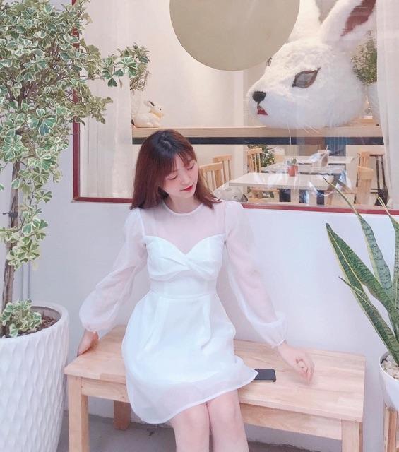 Đầm Trắng Nơ Ngực Tay Dài