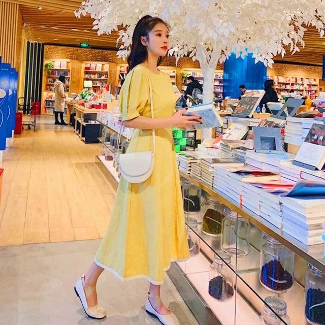 Đầm Suông Dài Vàng Cột Eo Freesize