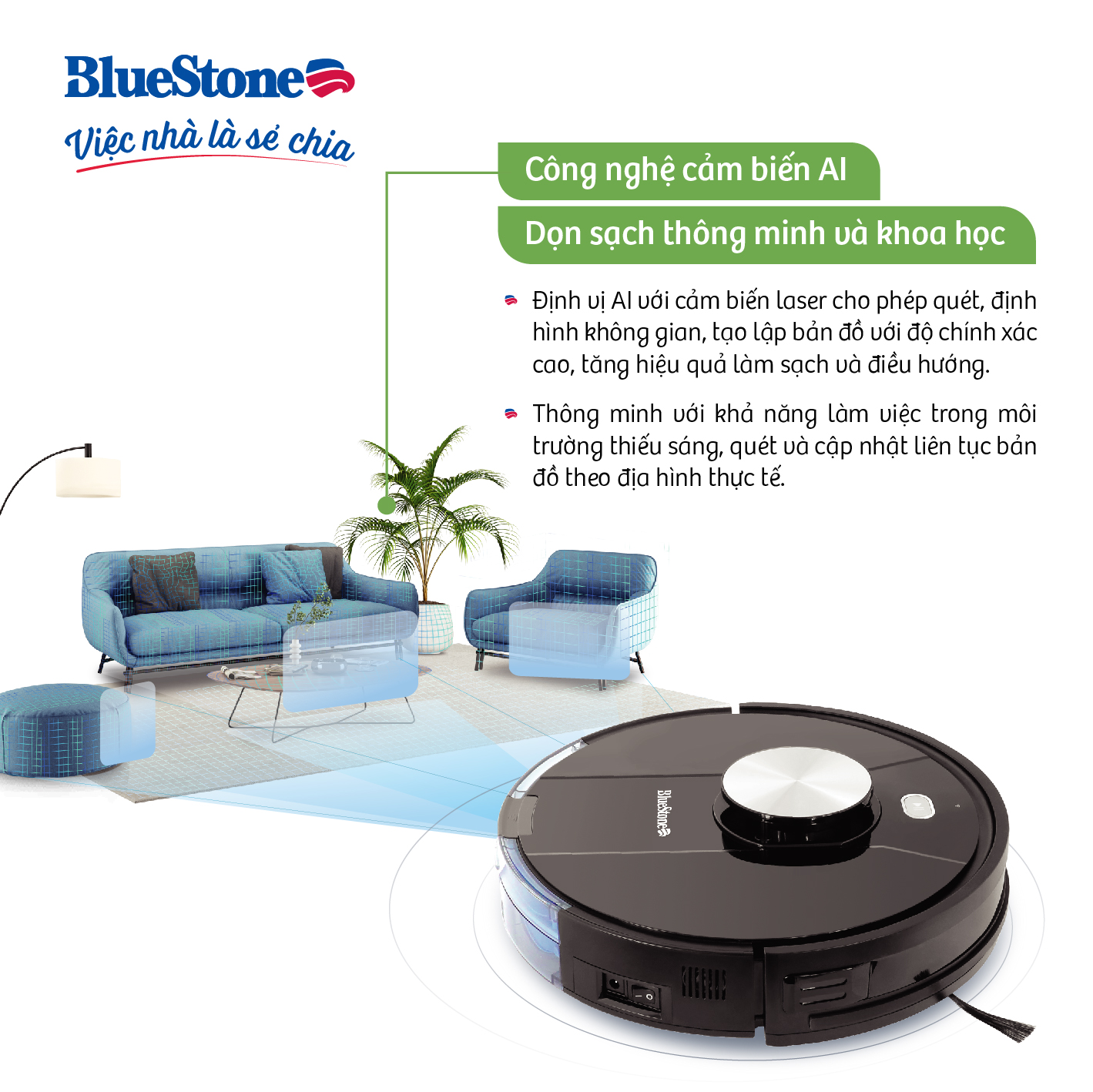 Robot Hút Bụi Lau Nhà BlueStone RVB-9731 - Lực hút: 2000Pa - Bảo hành 24 tháng - Hàng chính hãng