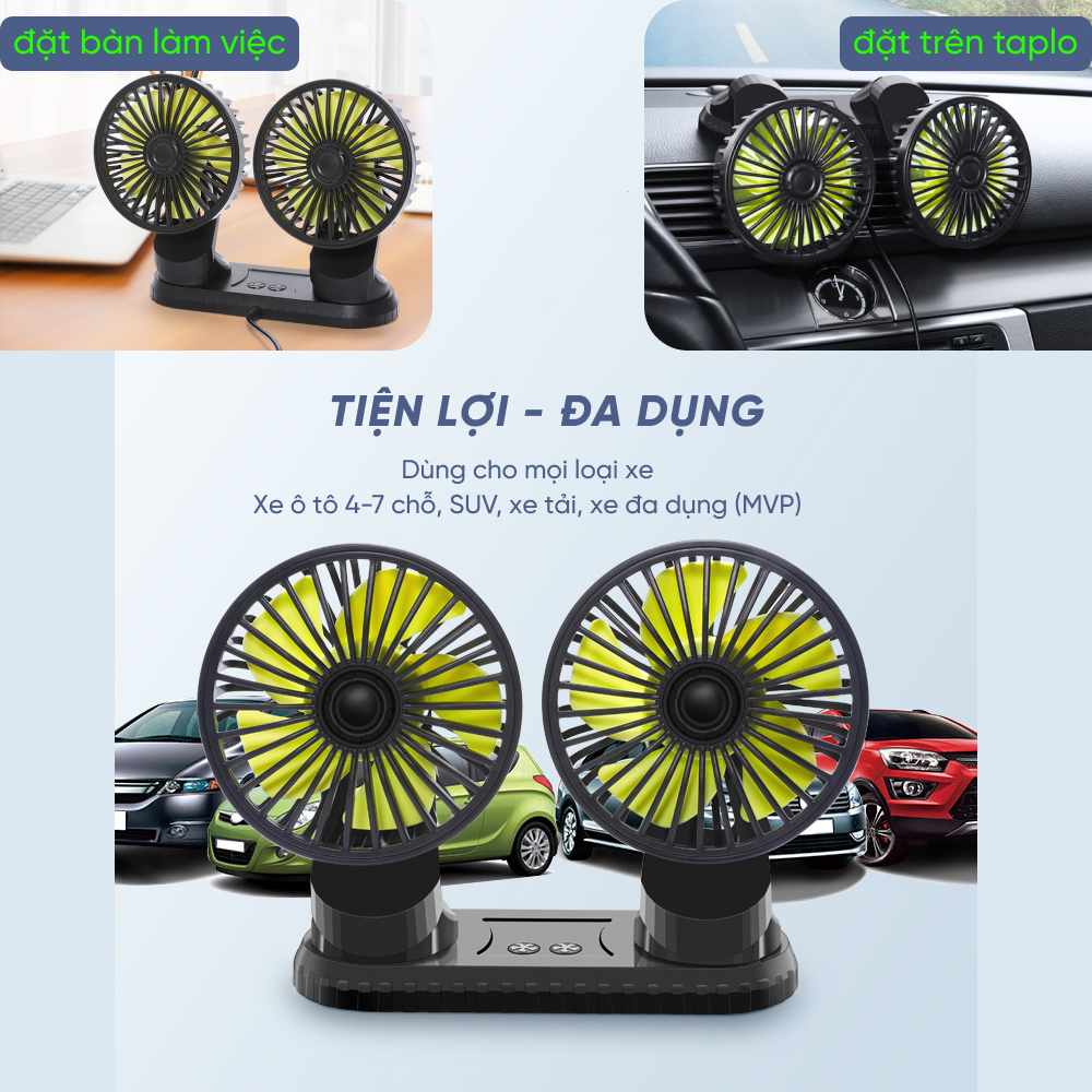 Quạt Đôi Mini Đầu Cắm USB Để Ô Tô, Bàn Làm Việc Siêu Mạnh Không Gây Ồn