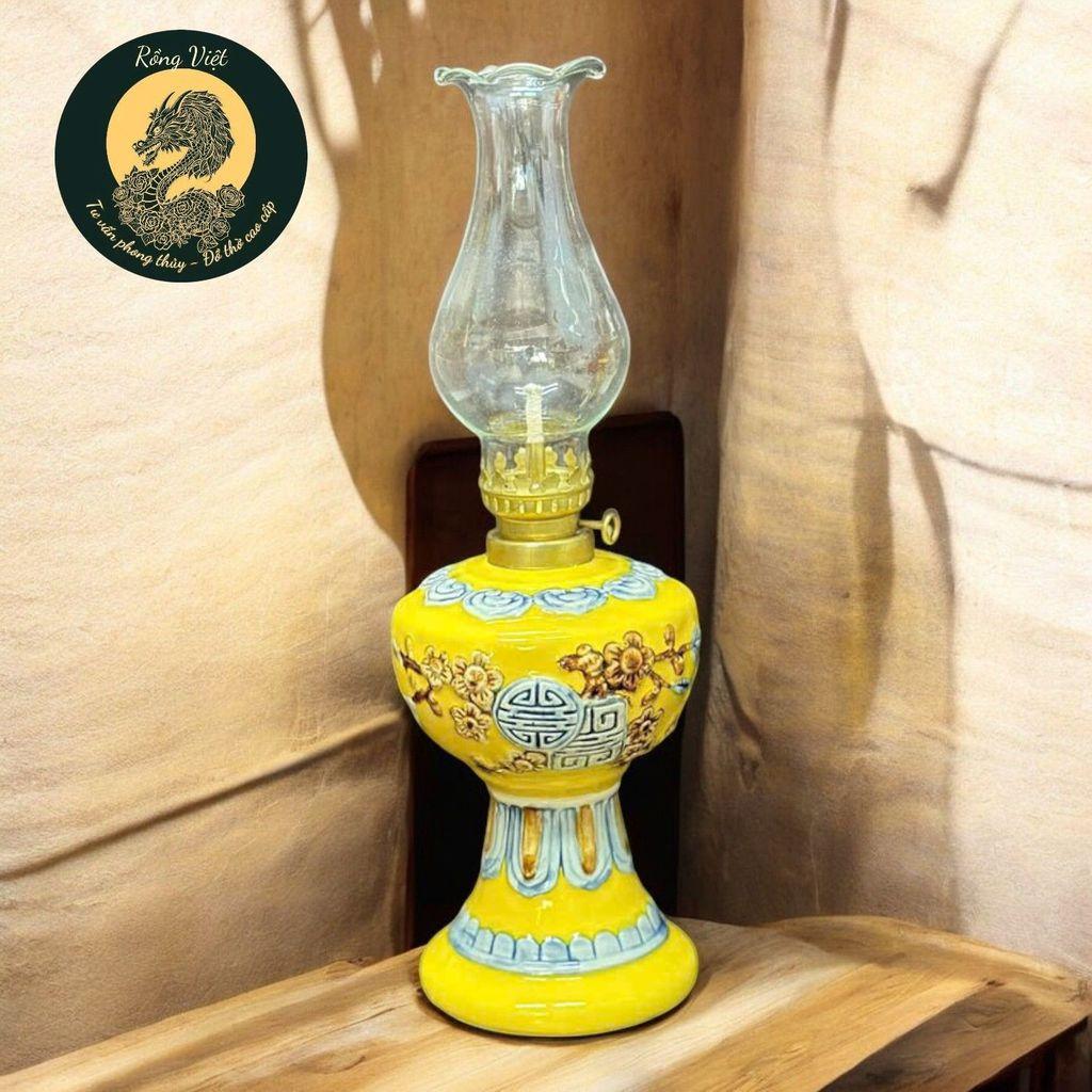 Đèn Dầu Gốm Bát Tràng Men Xanh Rồng Việt - Cao 26cm & 28cm, Đắp Nổi Đào Thọ Cao Cấp(cả bóng đèn)