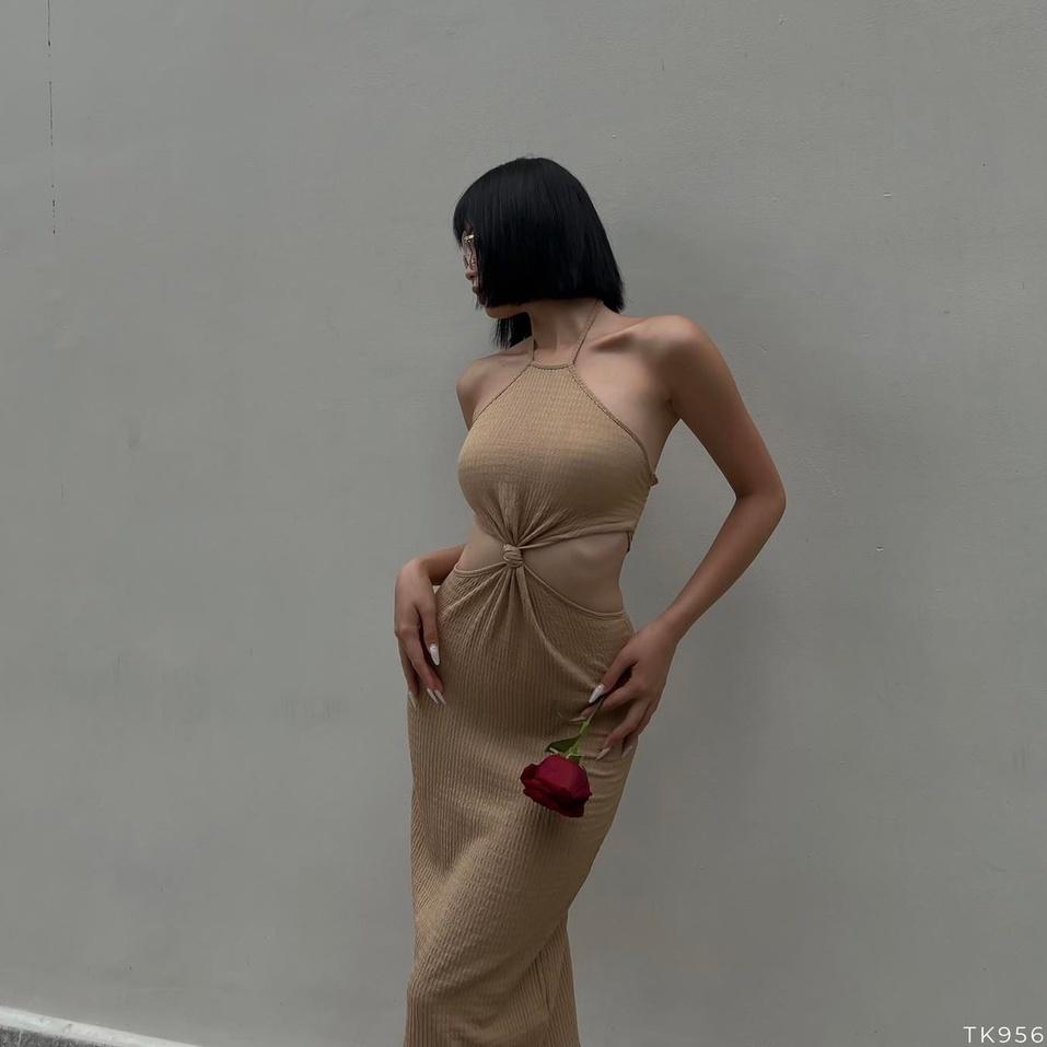Đầm thun body cổ yếm cut out eo