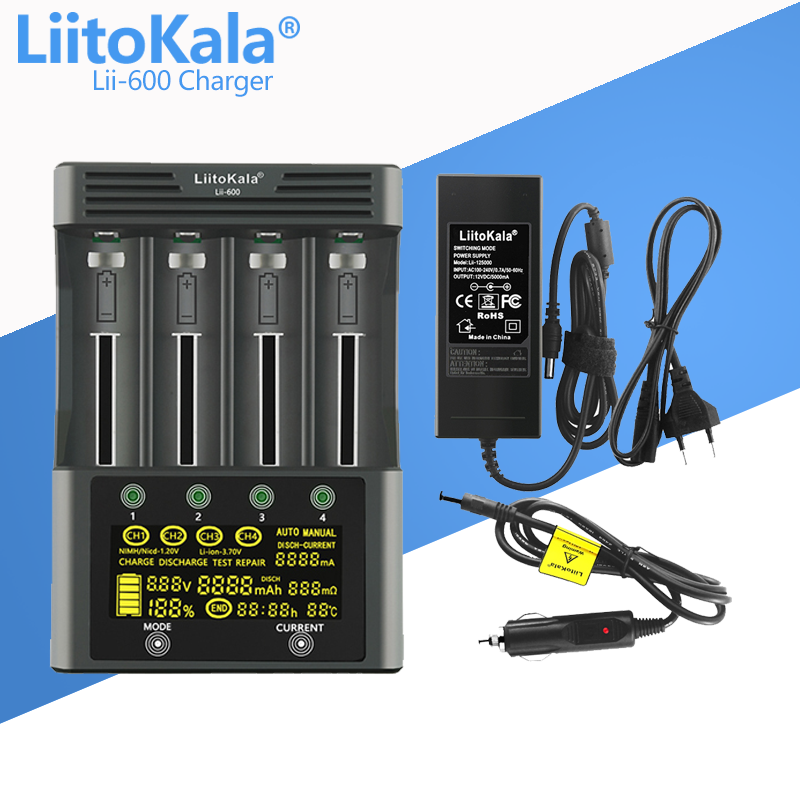 Bộ sạc pin LiitoKala Lii-600 cho pin Li-ion 3.7V và NiMH 1.2V Thích hợp cho 18650 26650 21700 26700 AA AAA 12V5A Màu sắc: 1 cái