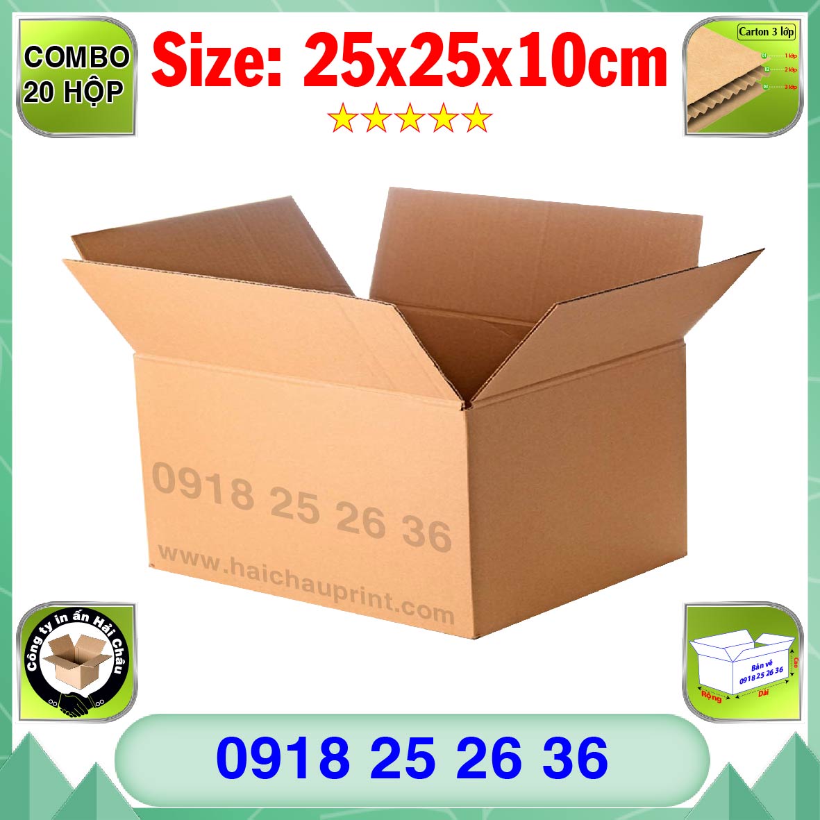 20 Hộp Carton, KT: 25x25x10cm, Hộp carton, Thùng carton, Hộp đóng hàng, Thùng đóng hàng, Hộp carton 3 lớp...