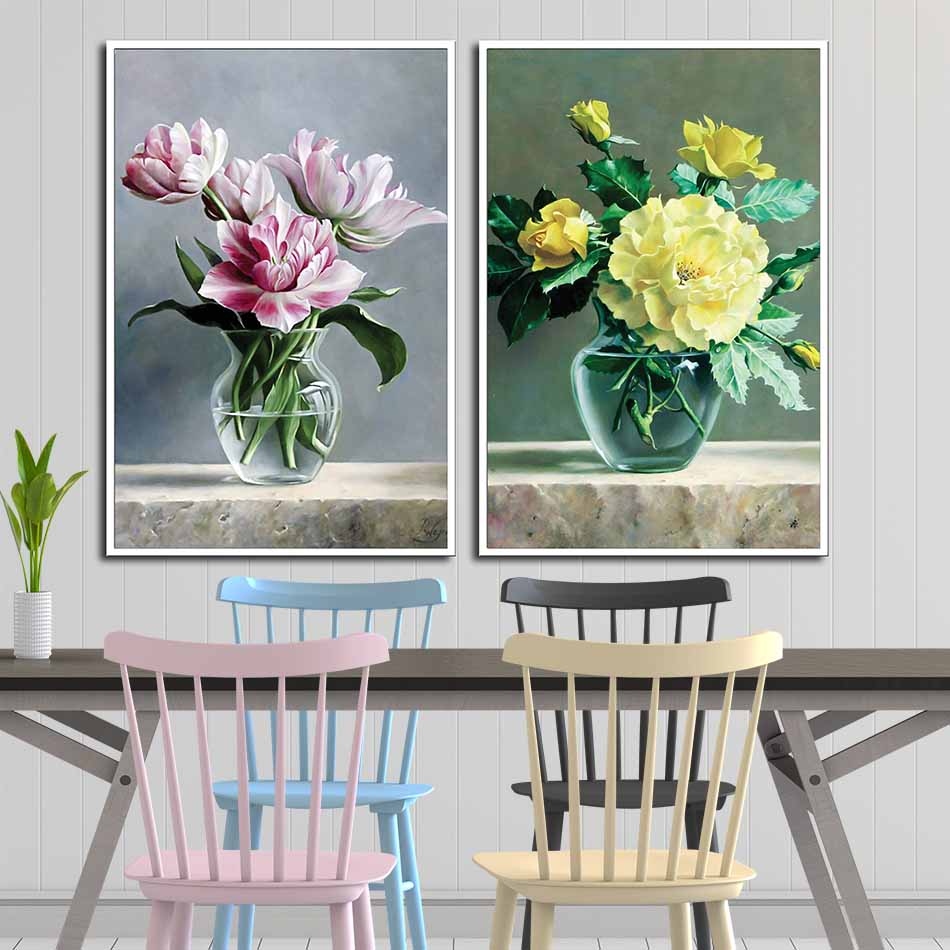 Bộ 2 tranh canvas treo tường Decor Bình hoa đẹp, phong cách hiện đại, trang nhã - DC051