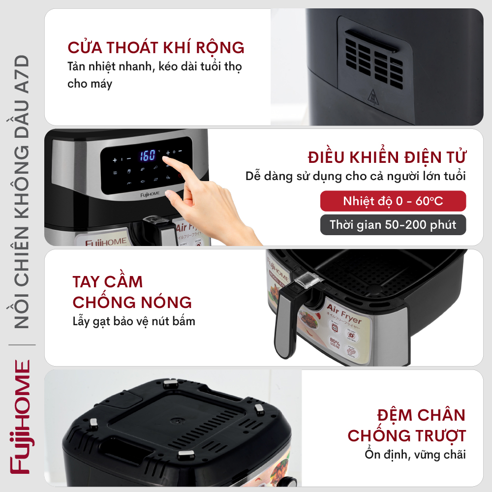 Nồi chiên không dầu điện tử 8 Lít Fujihome A7D, LCD điều khiển cảm ứng - Hàng chính hãng