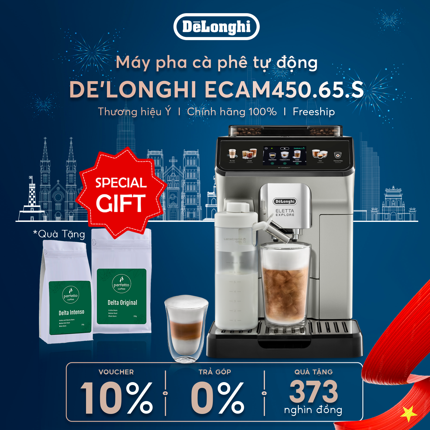 Máy pha cà phê tự động DeLonghi Eletta Explore ECAM450.65.S - Hàng Chính Hãng