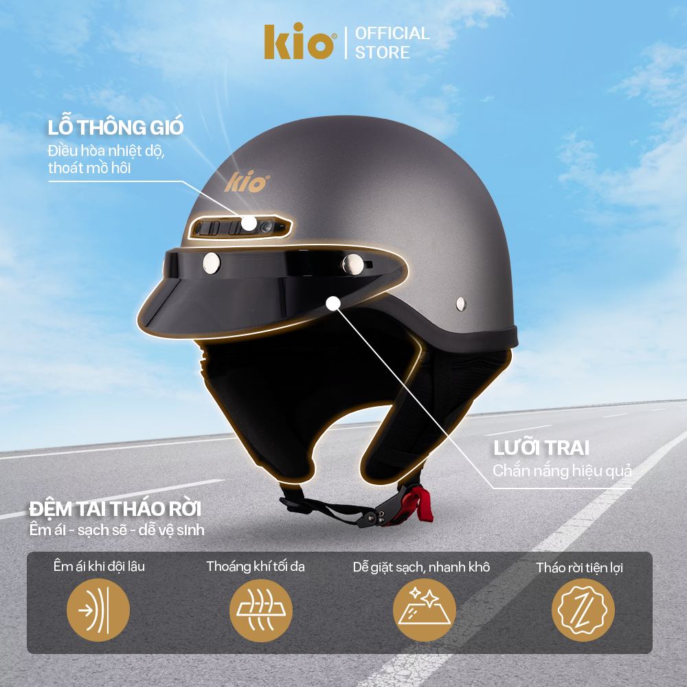 Mũ Bảo Hiểm Nửa Đầu Kio SafeStyle Metro KN05, Lưỡi Trai Che Nắng, Đệm Tai Tháo Rời, Lót Kháng Khuẩn - Xám Titan (nhám)
