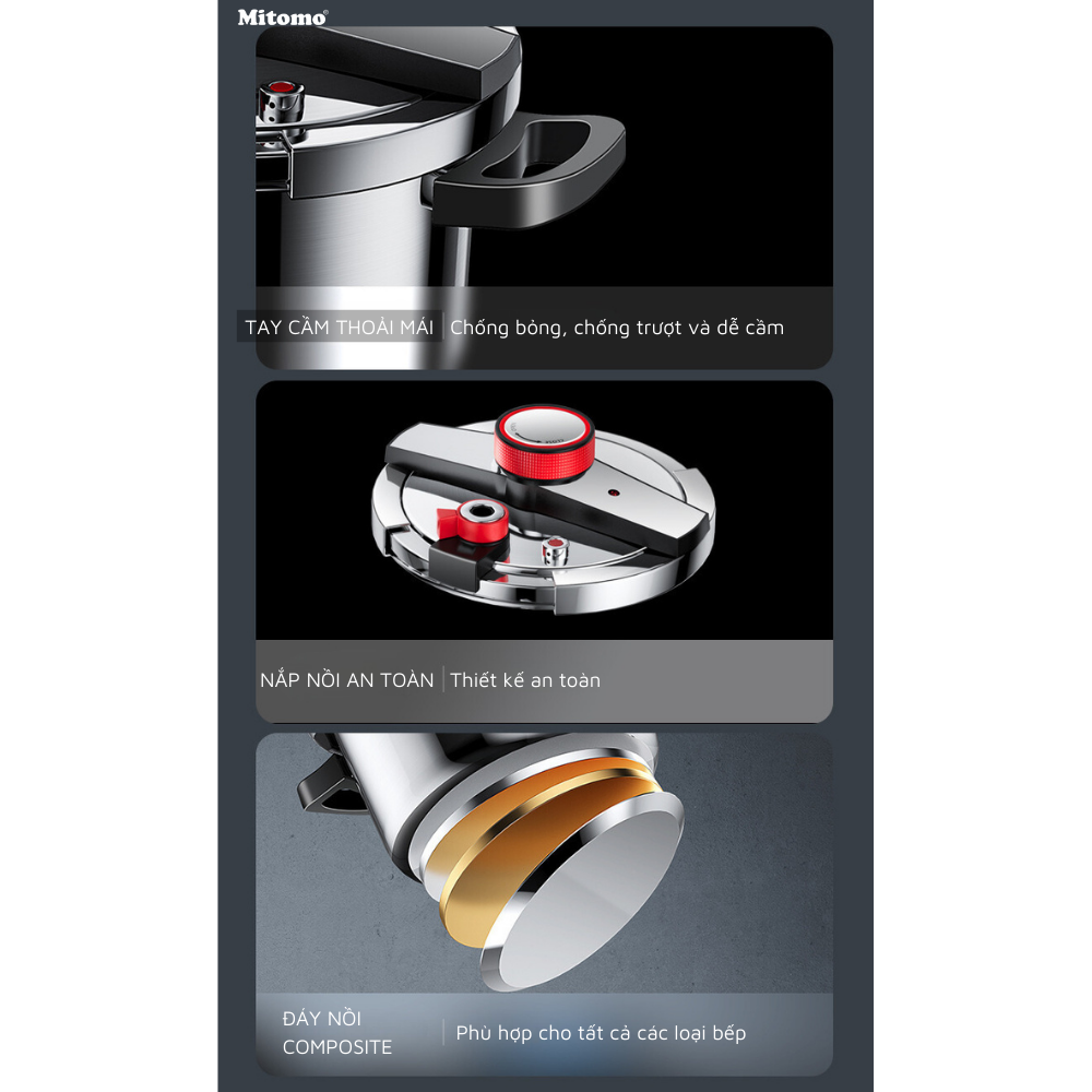 Nồi áp suất inox đáy từ cao cấp Mitomo 304AEU, nấu trên mọi loại bếp - Hàng chính hãng bảo hành 12 tháng