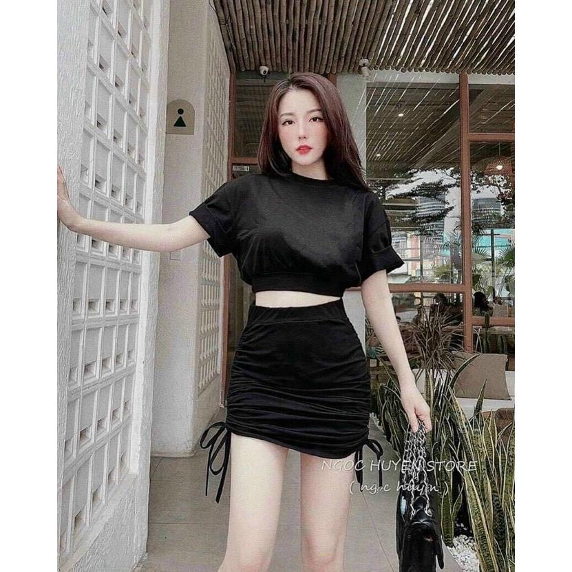 Set áo cổ tròn mix chân váy rút dây cực hot thời trang siêu xinh