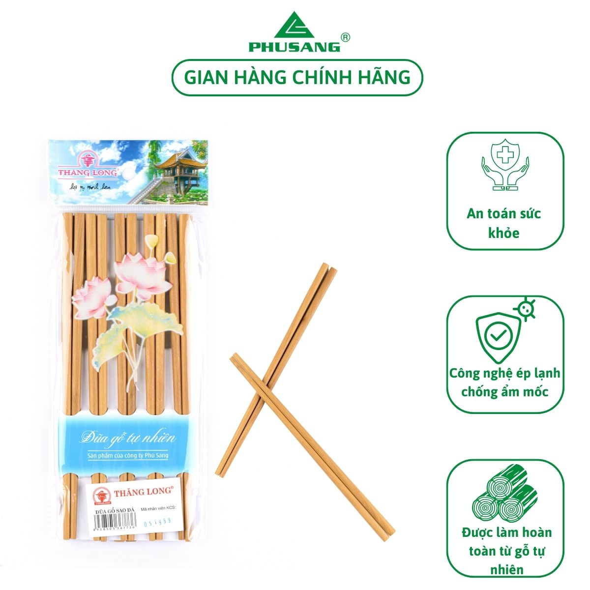 Vỉ 10 đôi đũa gỗ sao đá Thăng Long PHUSANG không chất bảo quản an toàn với sức khỏe dùng trong nhà hàng khách sạn và bàn ăn
