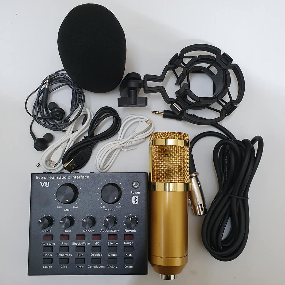 bộ livestream THU ÂM SOUND CARD V8 mic BM900 bluetooth có AUTOTUNE