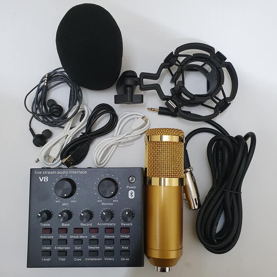 Bộ livestream THU ÂM SOUND CARD V8 mic BM900 bluetooth có AUTOTUNE