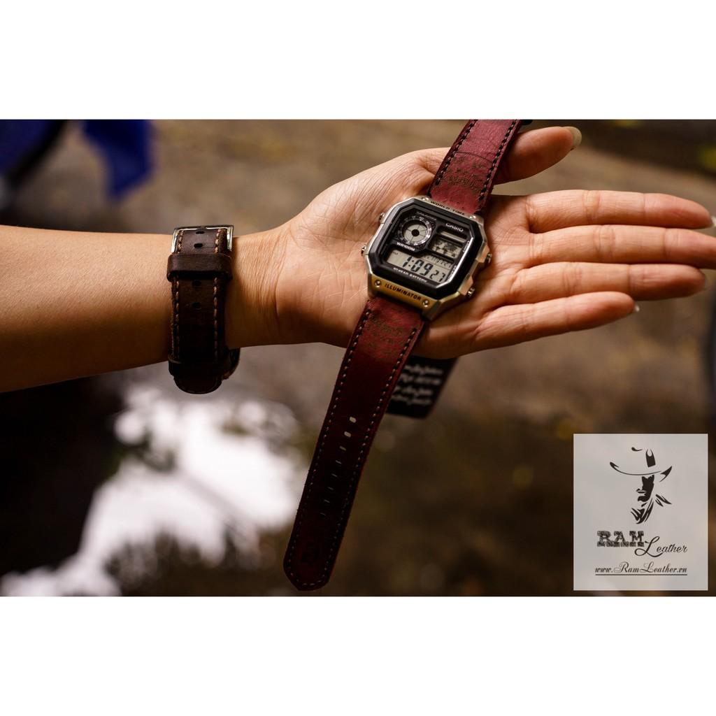 DÂY ĐỒNG HỒ TRỐNG ĐỒNG CASIO AE1200/SEIKO5 DA BÒ THẬT BURGUNDY ĐỎ