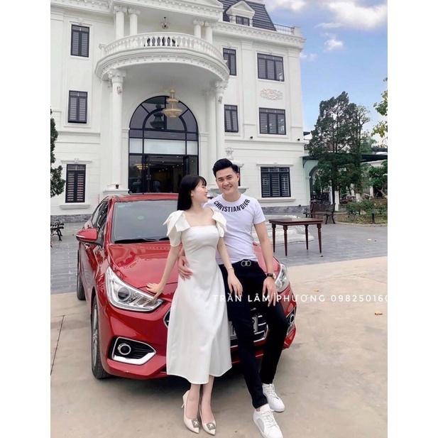 Đầm xoè trắng cổ vuông vai nơ
