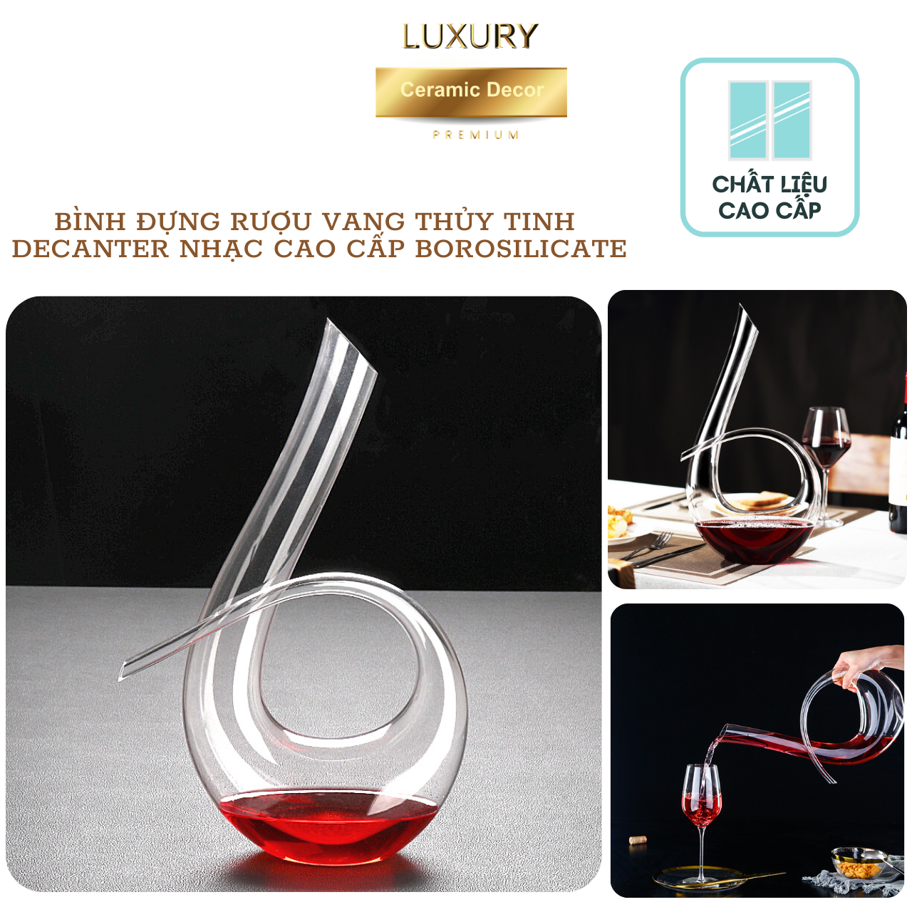 Bình Rượu Vang Thủy Tinh Cao Cấp DECANTER Chất Liệu BOROSILICATE 1500 ML DECOR LUXURY - Hàng Nhập Khẩu