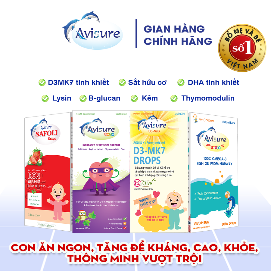 Bộ tứ Avisure D3MK7, Avisure DHA smart Kid, Avisure Safoli Drop, Avisure muno cho bé khoẻ mạnh, cao lớn, thông minh, mắt sáng