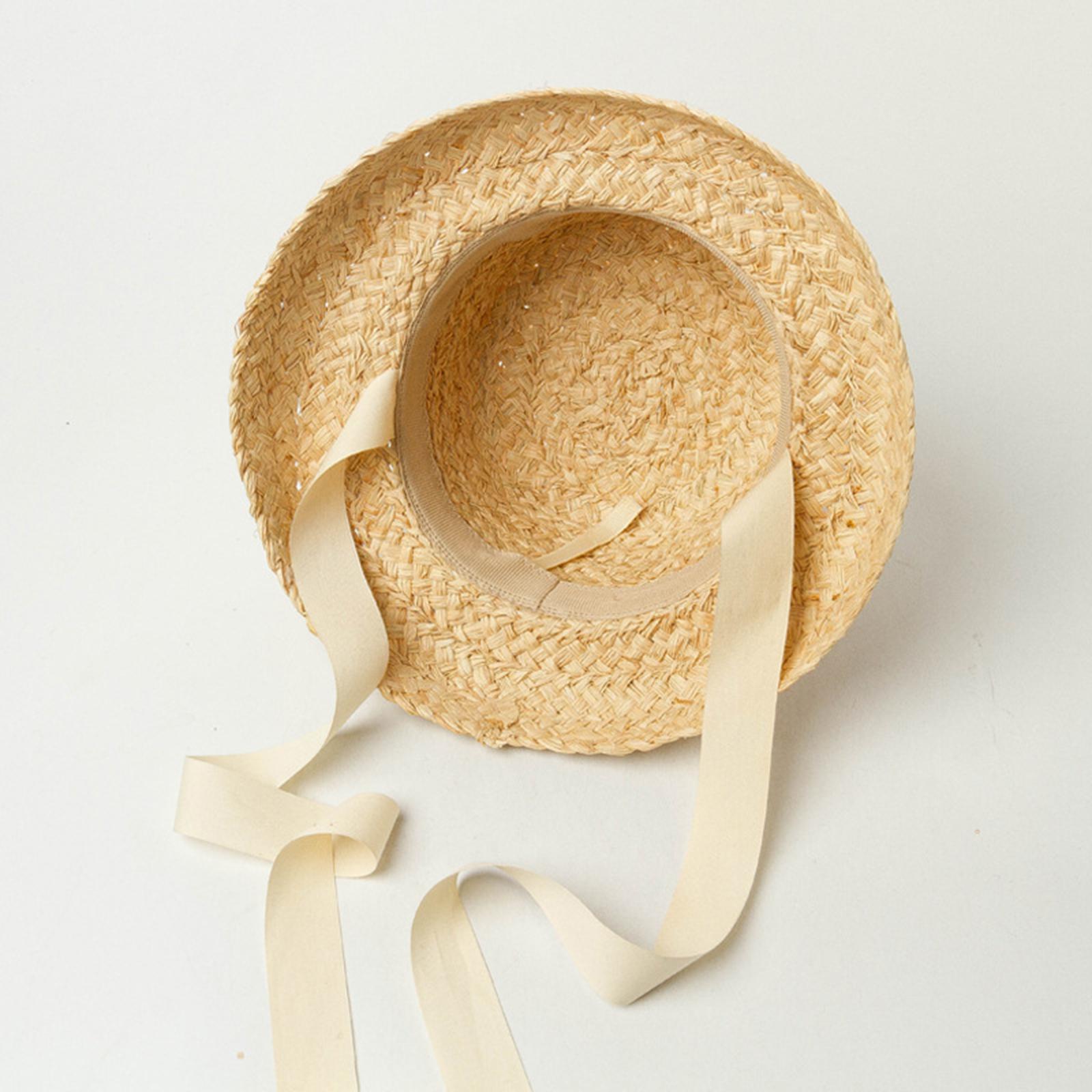 Straw Hat Summer Travel Sun Hat w/ Adjustable Tie  White Tie