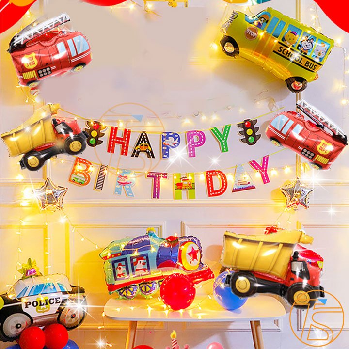 Sét bong bóng trang trí sinh nhật happy birthday phương tiện giao thông - Bộ trang trí sinh nhật thôi nôi, đầy tháng cho bé