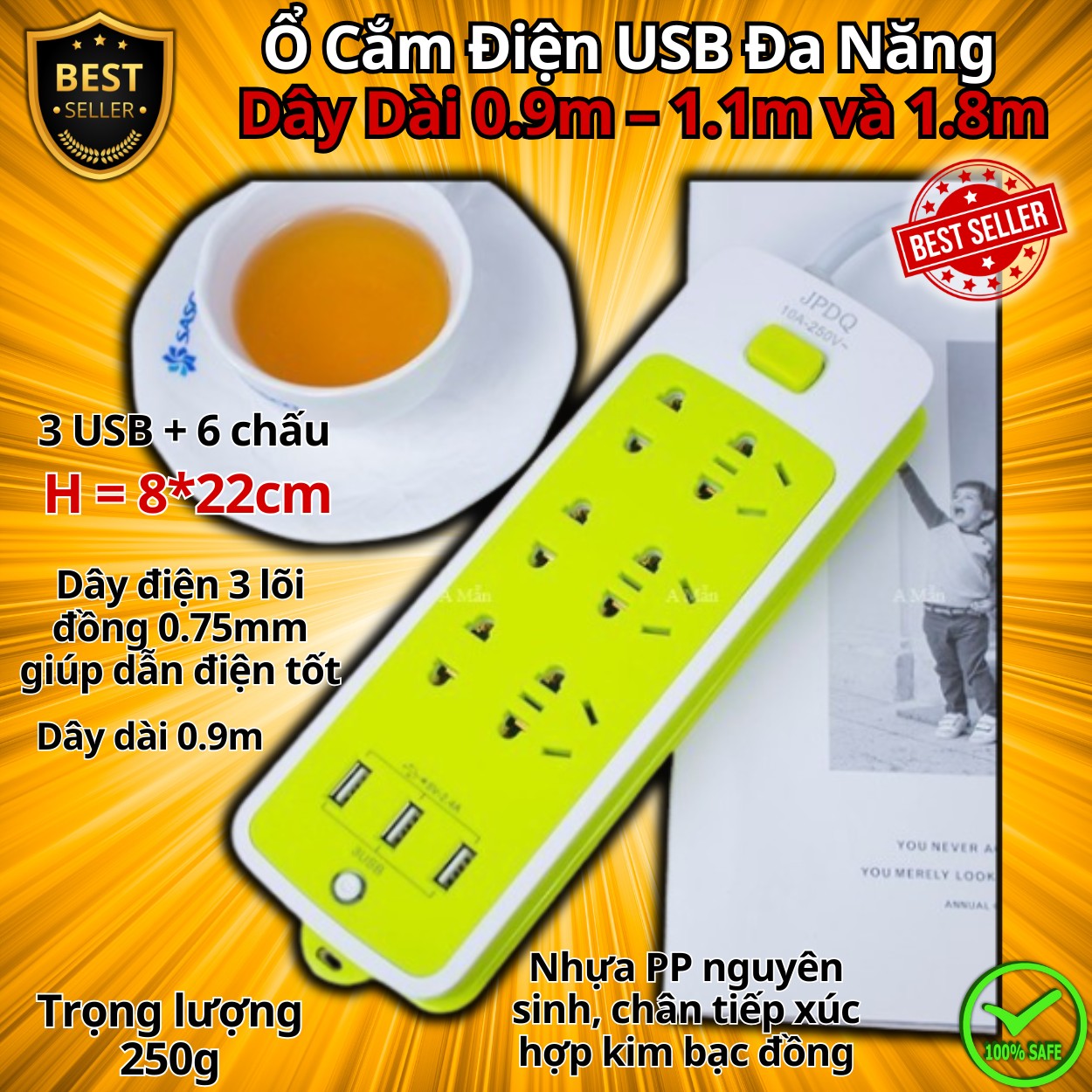 Ổ Cắm Điện Công Suất 2500W Có Chốt An Toàn Tiện Lợi, Chính Hãng, Ổ Cắm Điện USB Đa Năng Cao Cấp Chống Giật Dây Dài 0.9m – 1.1m và 1.8m