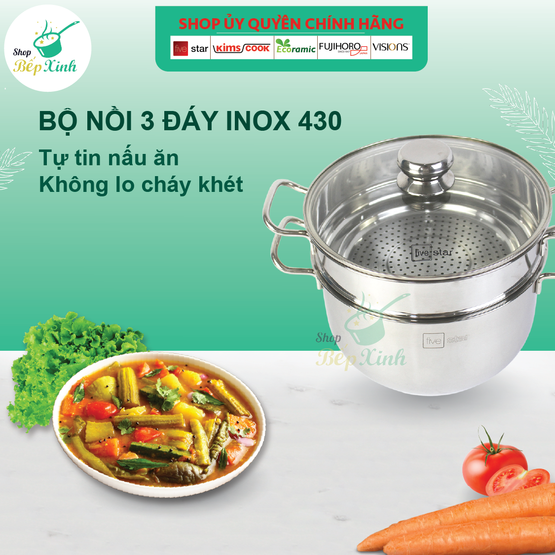 Xửng hấp inox Fivestar 3 đáy từ nắp kính tặng 5 muỗng ăn