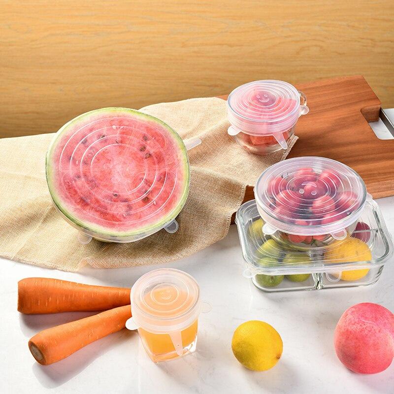 6 Pcs/ Set Food Silicone Cover Cap Keeping Fresh Seal Stretchy Wrap Cover Bowl Reusable Airtight Silicone Lids For Cookware Bowl