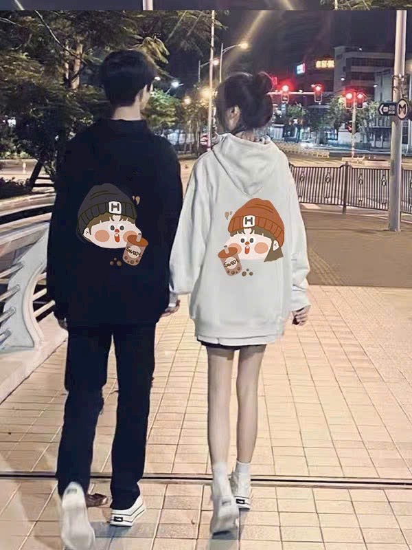 Áo Hoodie đôi in hình chó mèo kéo xích 4 màu chất nỉ cotton lót bông cao cấp form rộng unisex, Áo sweatshirt cặp nam nữ dáng rộng cổ tròn in hình gấu thời trang unisex Hàn Quốc