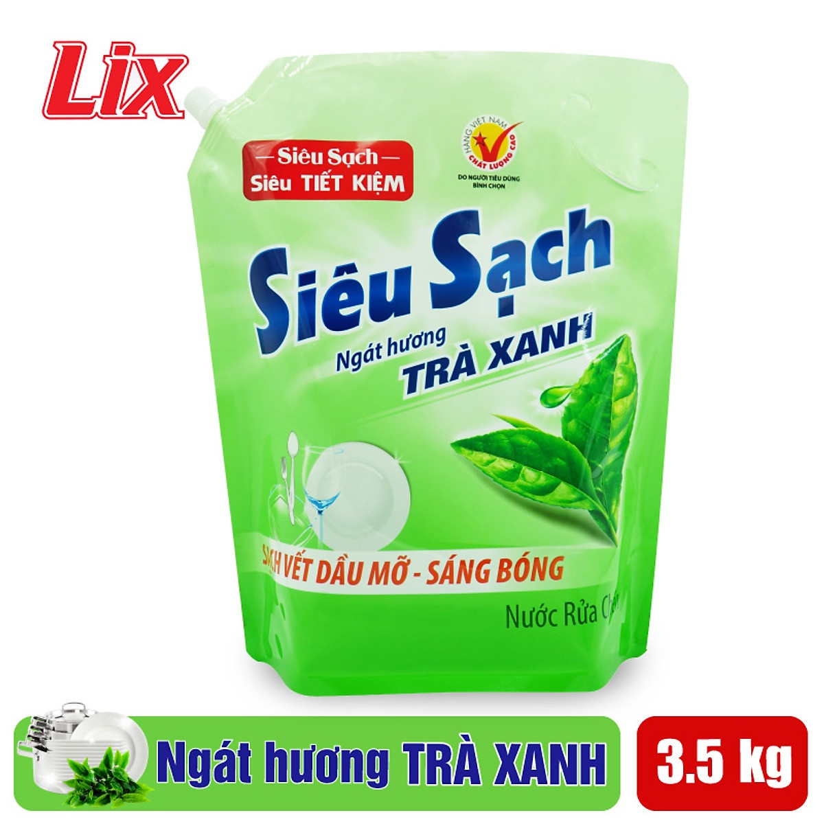 Nước rửa chén LIX 3.5KG siêu sạch hương trà xanh loại túi N8101 sạch bóng vết bẩn dầu mỡ không hại da tay